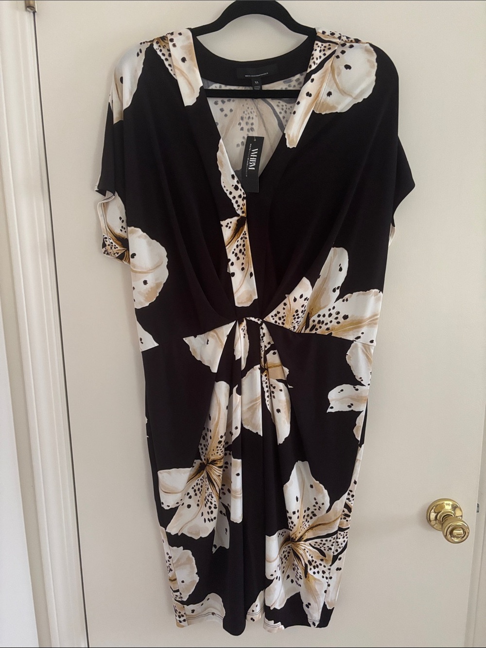 White House Black Market Black Midi Dress with White & Cream Floral Print